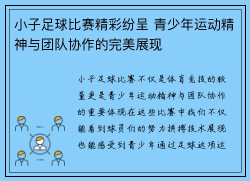 小子足球比赛精彩纷呈 青少年运动精神与团队协作的完美展现