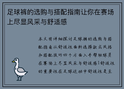 足球裤的选购与搭配指南让你在赛场上尽显风采与舒适感