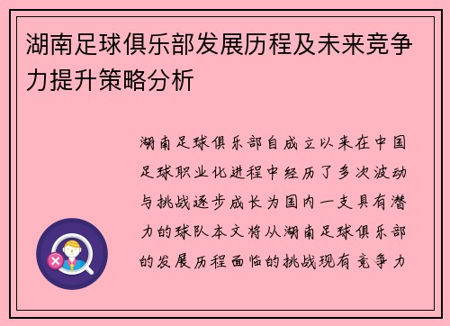 湖南足球俱乐部发展历程及未来竞争力提升策略分析