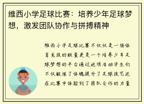 维西小学足球比赛：培养少年足球梦想，激发团队协作与拼搏精神