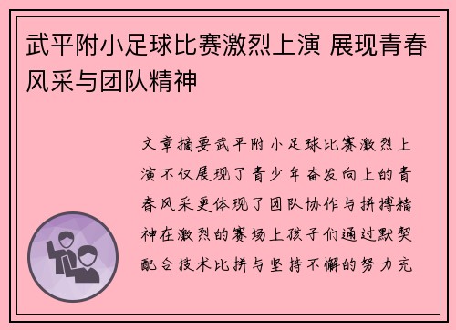 武平附小足球比赛激烈上演 展现青春风采与团队精神