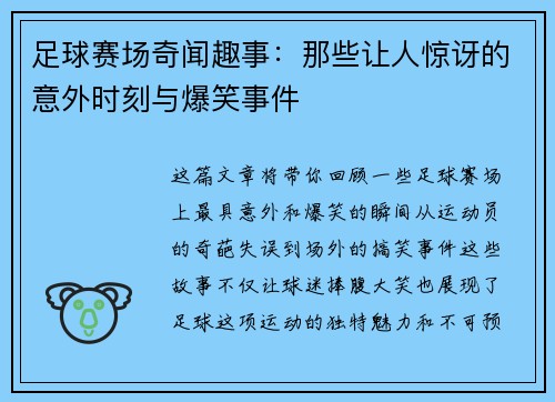 足球赛场奇闻趣事：那些让人惊讶的意外时刻与爆笑事件
