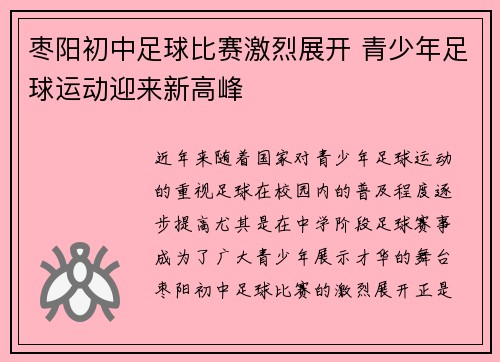 枣阳初中足球比赛激烈展开 青少年足球运动迎来新高峰