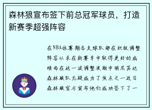 森林狼宣布签下前总冠军球员，打造新赛季超强阵容