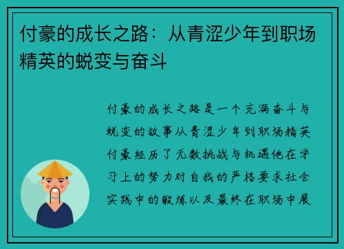 付豪的成长之路：从青涩少年到职场精英的蜕变与奋斗