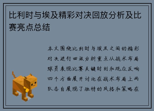 比利时与埃及精彩对决回放分析及比赛亮点总结